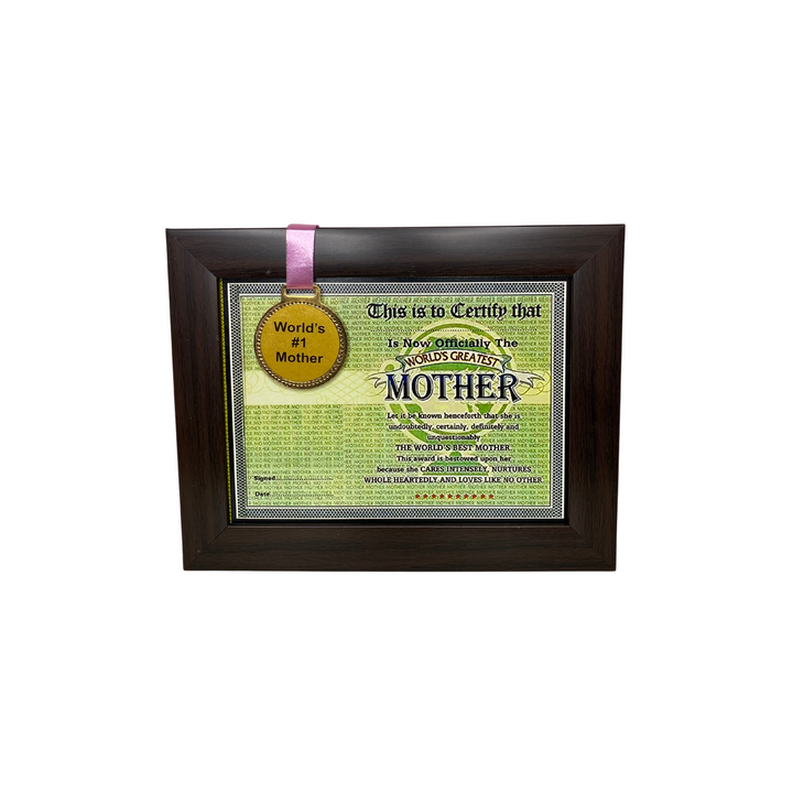 The World's Best Mother Framed Certificate with World's #1 Mother Gold Medal- Unique Gifts for Mother