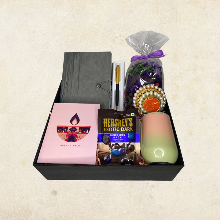 Diwali Gift Hamper - Decorative Diya, Diwali Card, Diary, Pen, Potpourri, Mug with Lid, Dark Chocolate Pack