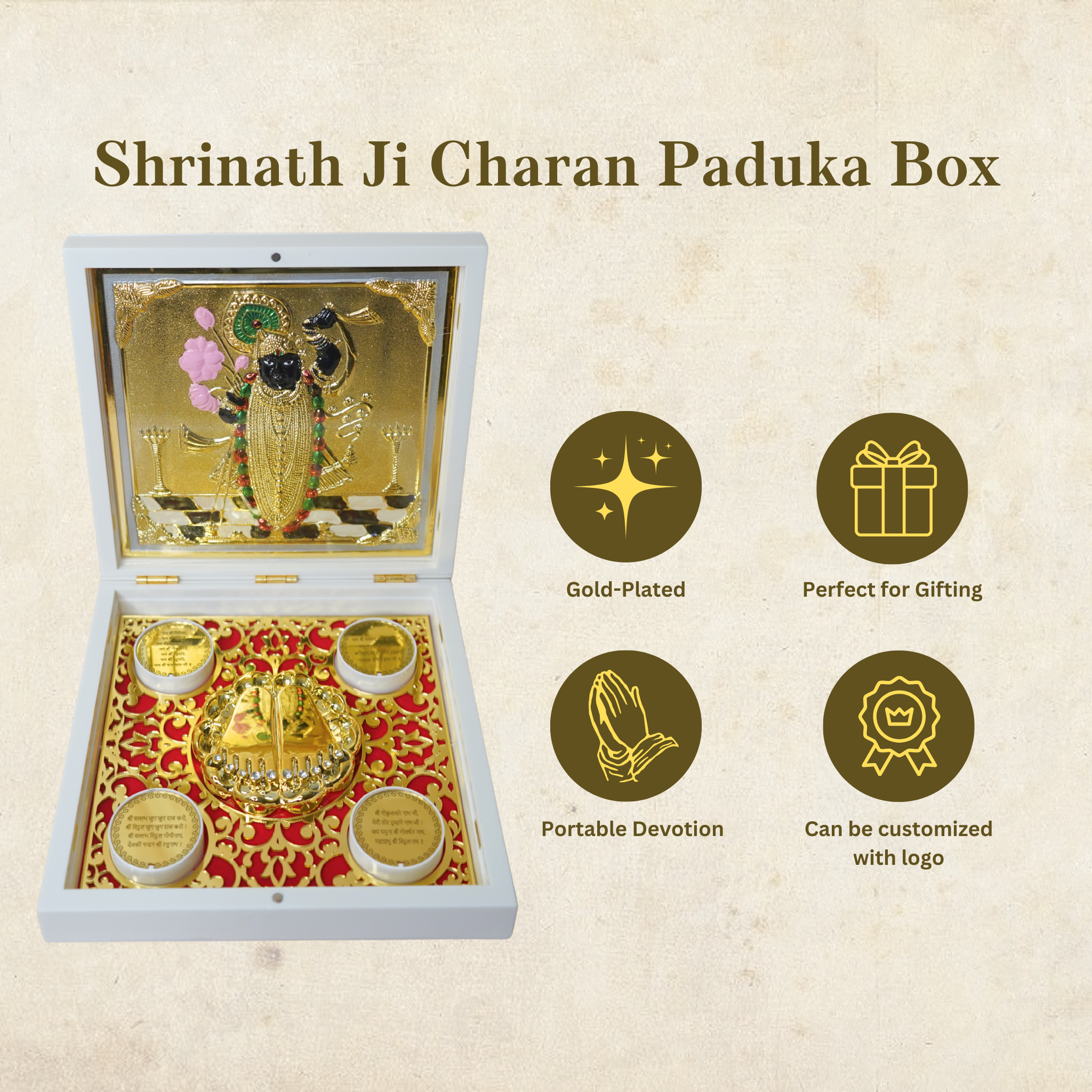 24KT Gold Plated Shrinathji Shreenath Ji Idol Murti Statue Showpiece with Charan Paduka for Puja and Gifting - Birthday, Anniversary, Diwali Gift | Pocket Temple | Shreenathji Idol for Gifts