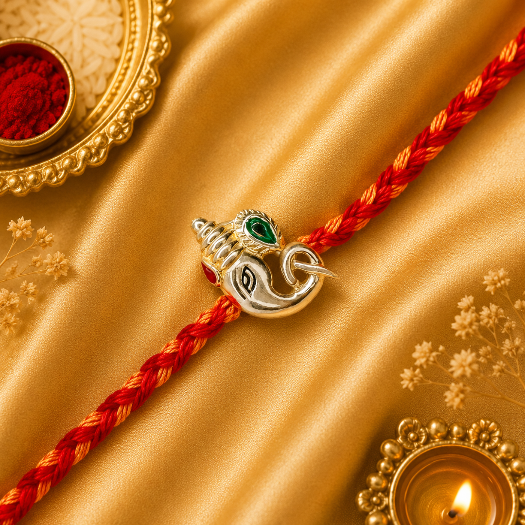 Ganesha Silver Rakhi with Roli Chawal and Greeting Card For Brother Bro Bhaiya Bhai Rakhi Gift