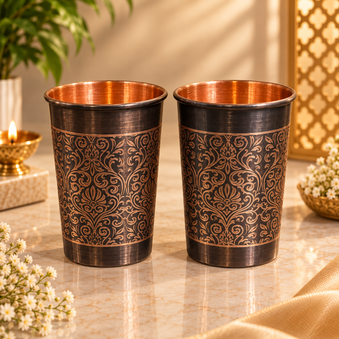 Intricate Traditional Floral Damask Design Pure Copper Water Bottle with 2 Glasses