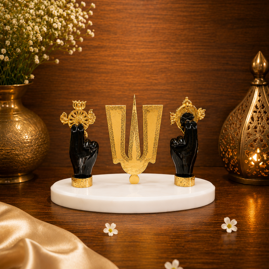 Tirupati Balaji Tilak Idol with Shankha & Chakra Hands on Premium Stone Base for Car Dashboard | Decorative Spiritual Showpiece for Home, Office & Diwali Gift | Resin, Black & Gold, 7 Inch Base
