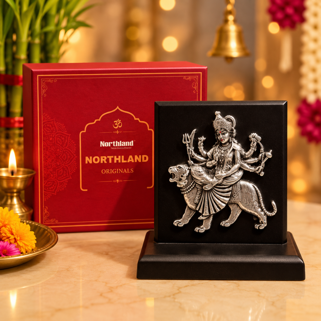 99 Silver Plated Durga Mata Idol with MDF Base in Gift Box, 4 x 4 Inches