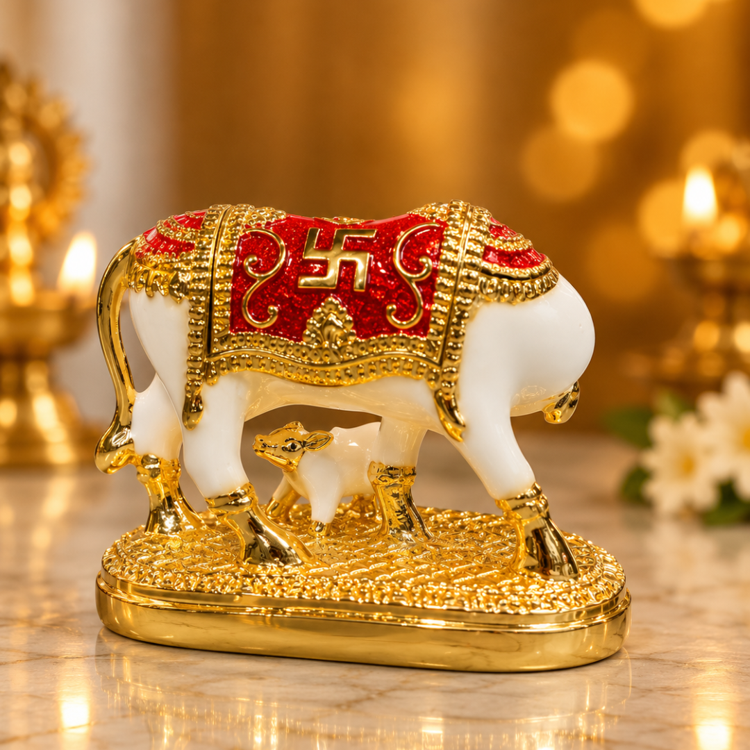 24K Gold Plated Kamdhenu Cow with Calf Idol (3 Inch) in Gift Box
