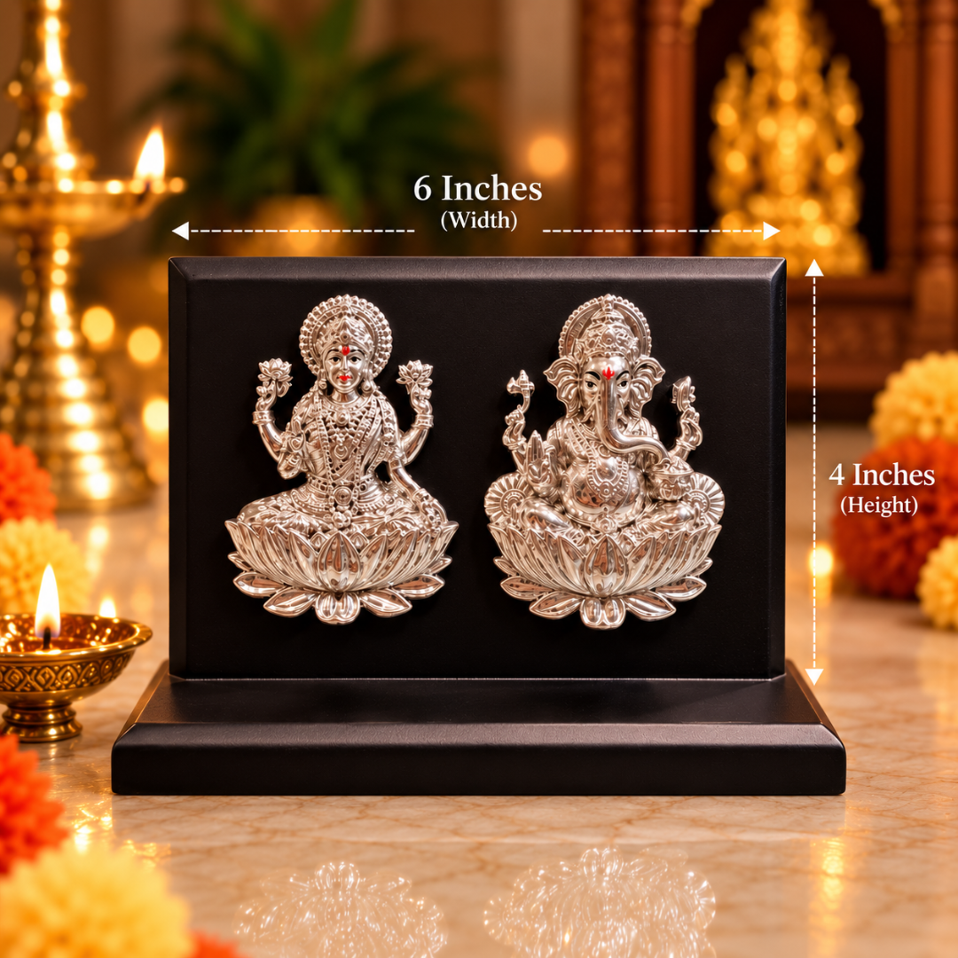 999 Silver Plated Lakshmi Ganesha Idol with MDF Base in Gift Box (4 x 6 Inch)