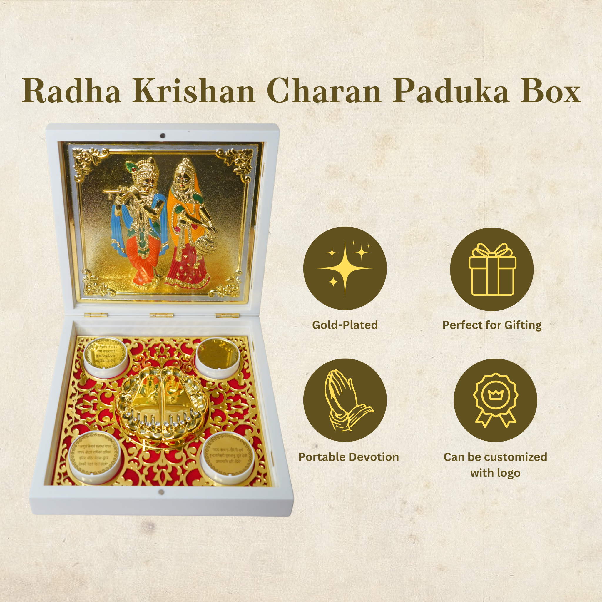 24KT Gold Plated Radha Krishan Idol with Charan Paduka for Puja and Gifting - Birthday, Anniversary, Diwali Gift - 7 x 7 Inches | Pocket Temple Radha Krishna