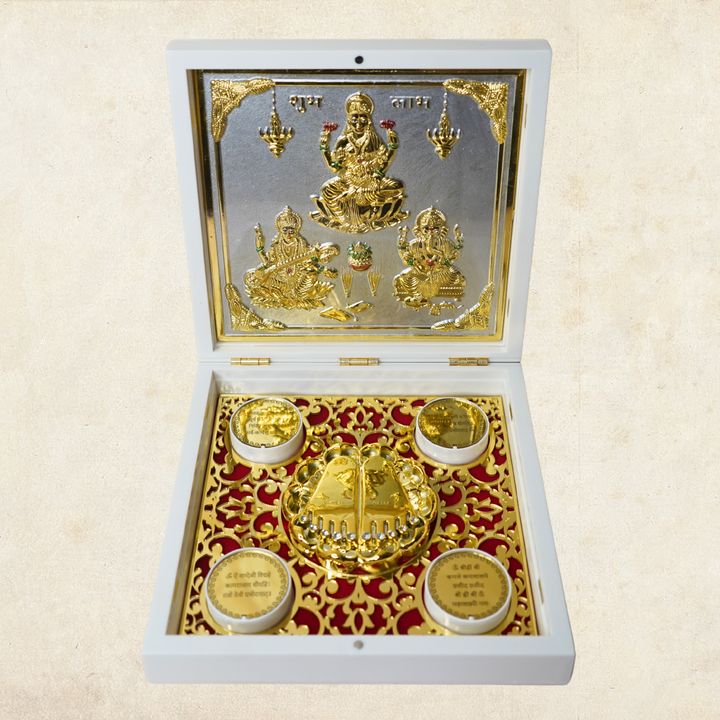 24KT Gold Plated Laxmi-Saraswati-Ganesh Idol with Charan Paduka for Puja and Gifting - Birthday, Anniversary, Diwali - 7 x 7 inches