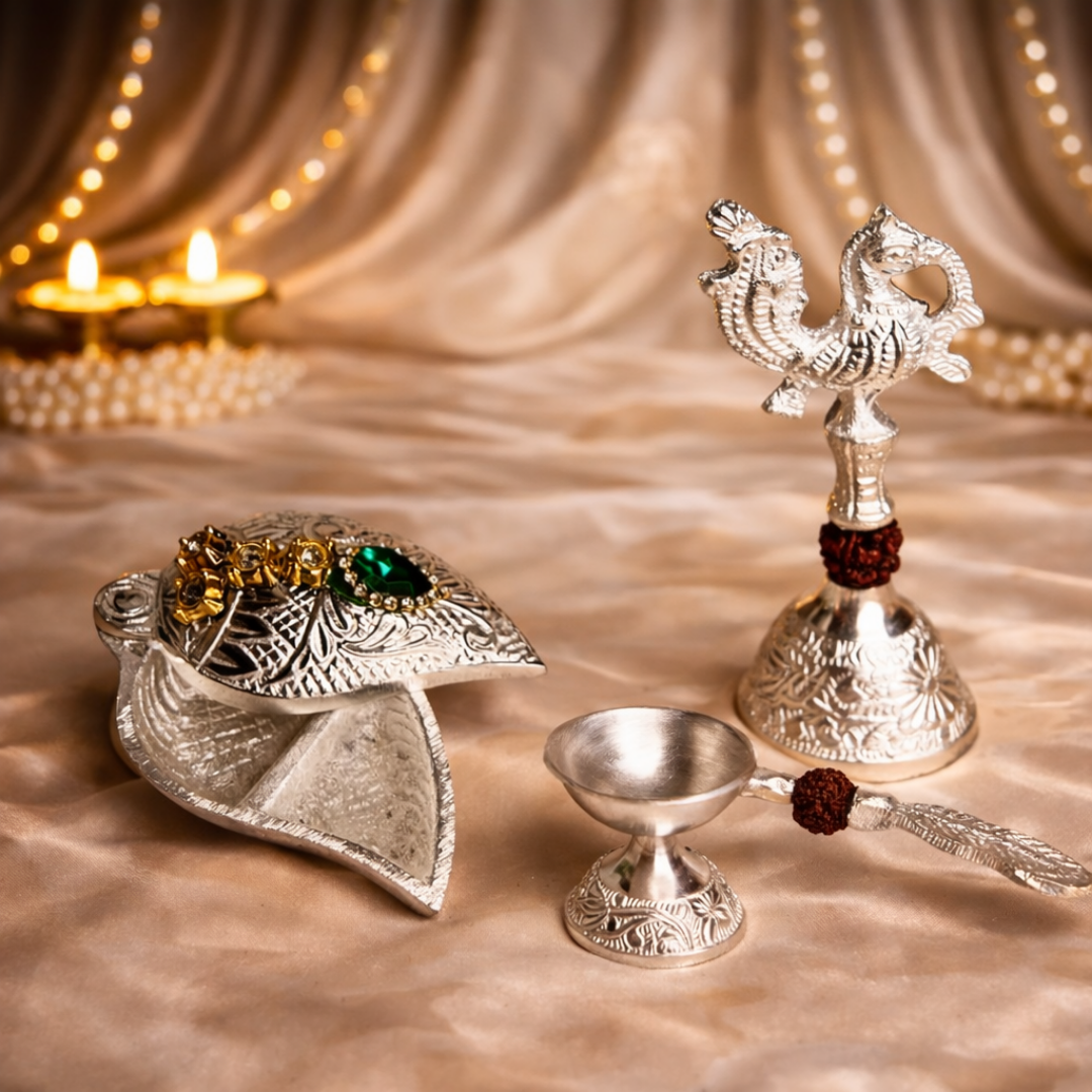 Luxury Bhagwat Geeta Silver-Plated Gift Hamper in Velvet Box with Wooden Bhagwat Geeta & 4 Silver-Plated Pooja Items