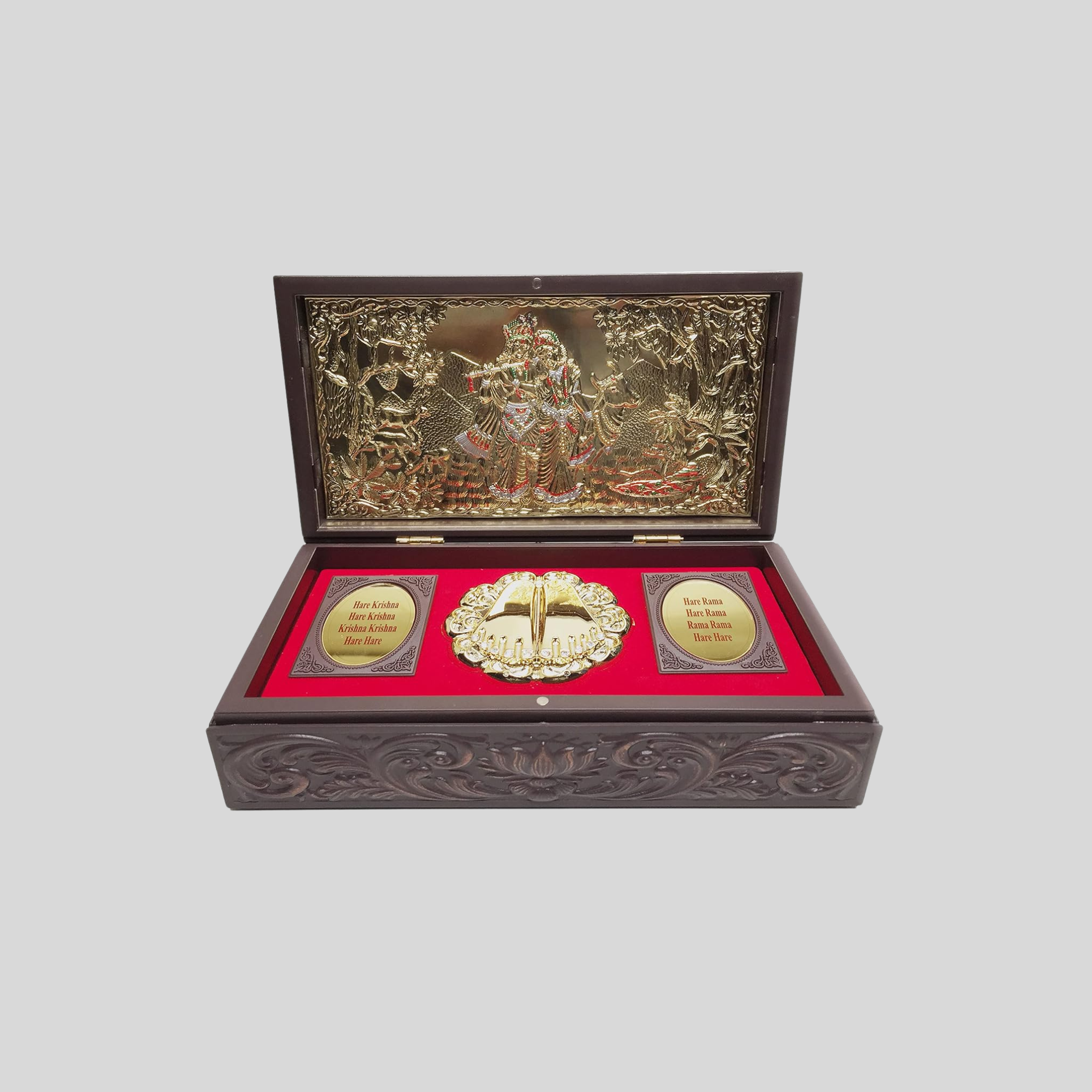 Gold Plated Radha Krishna Figurine in Decorative Box with Chandan Fragrance