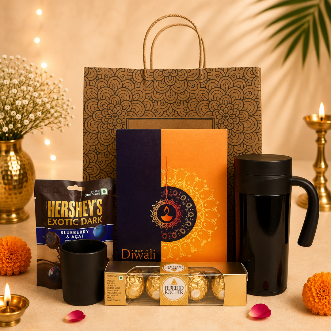 Diwali Gift Combo - Greeting Card, Scented Candle, Mug with lid, Chocolates