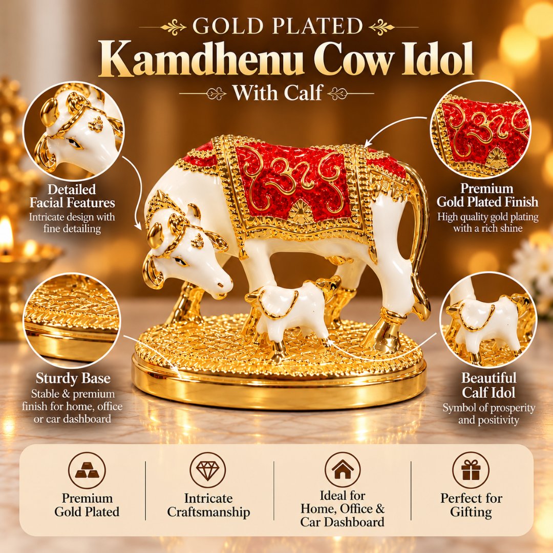 24K Gold Plated Kamdhenu Cow with Calf Idol (3 Inch) in Gift Box