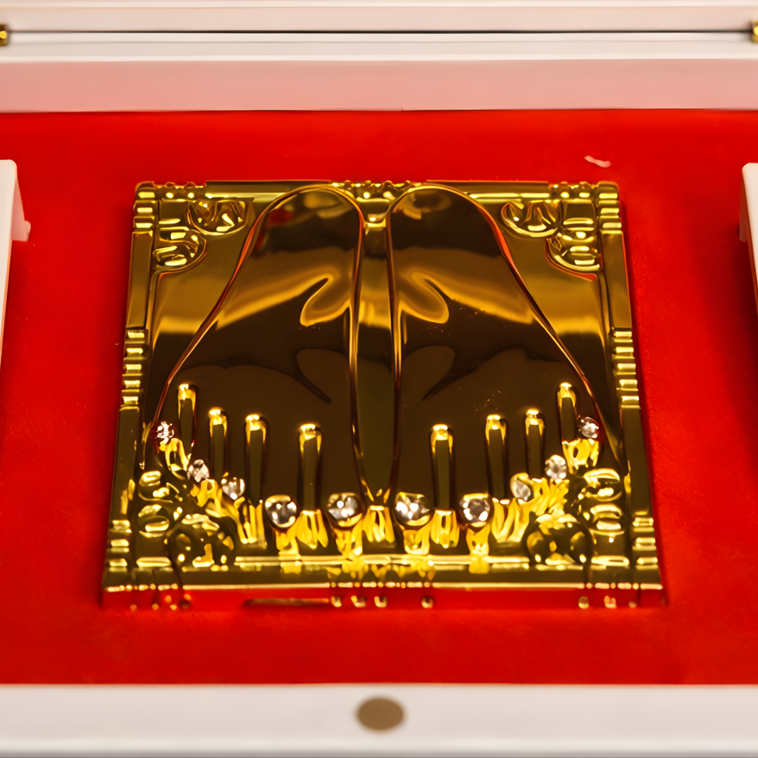 Gold Plated Mata Vaishno Devi Figurine in Charan Paduka Box with Chandan Fragrance