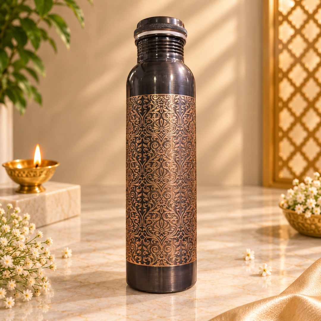 Intricate Traditional Floral Damask Design Pure Copper Water Bottle with 2 Glasses