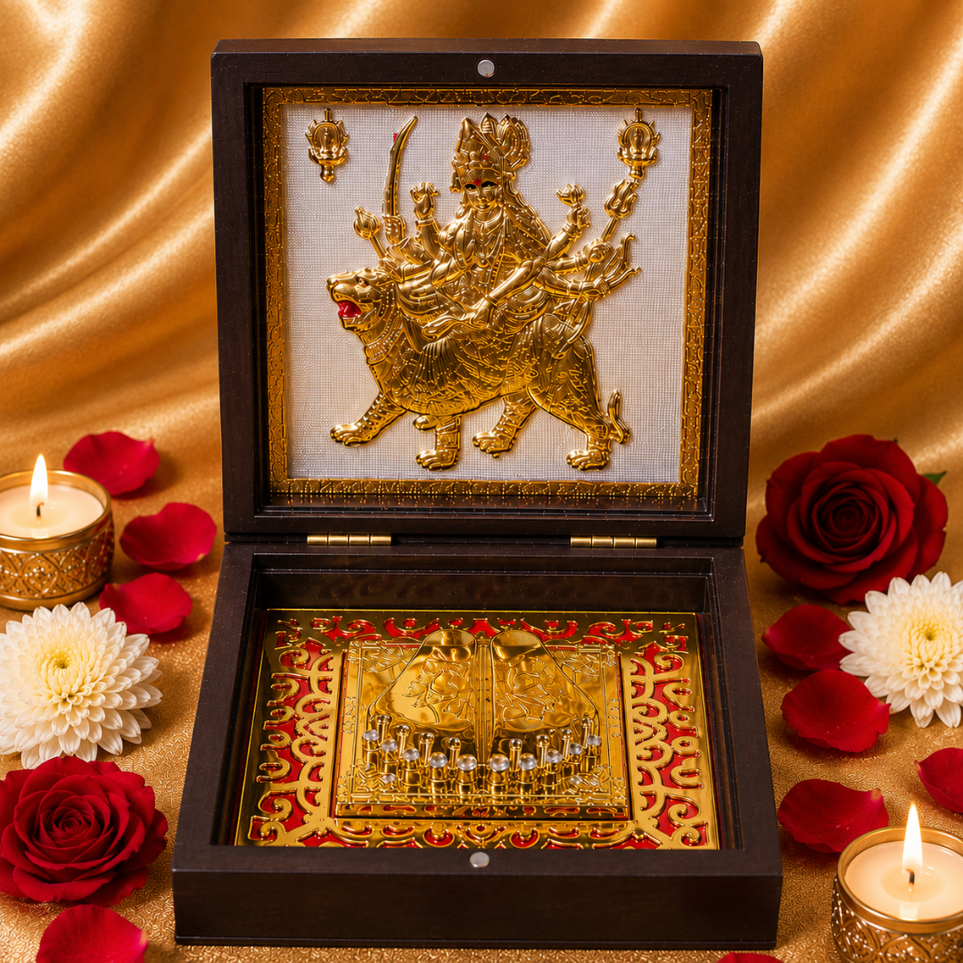 24KT Gold Plated Durga Maa Idol with Charan Paduka in Premium Pocket Temple