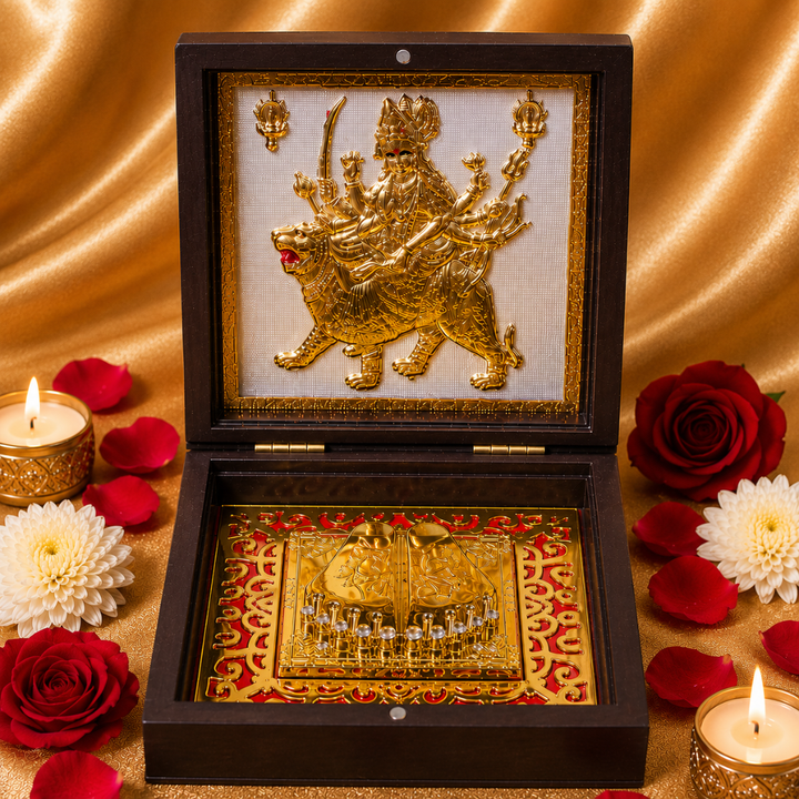 24KT Gold Plated Durga Maa Idol with Charan Paduka in Premium Pocket Temple
