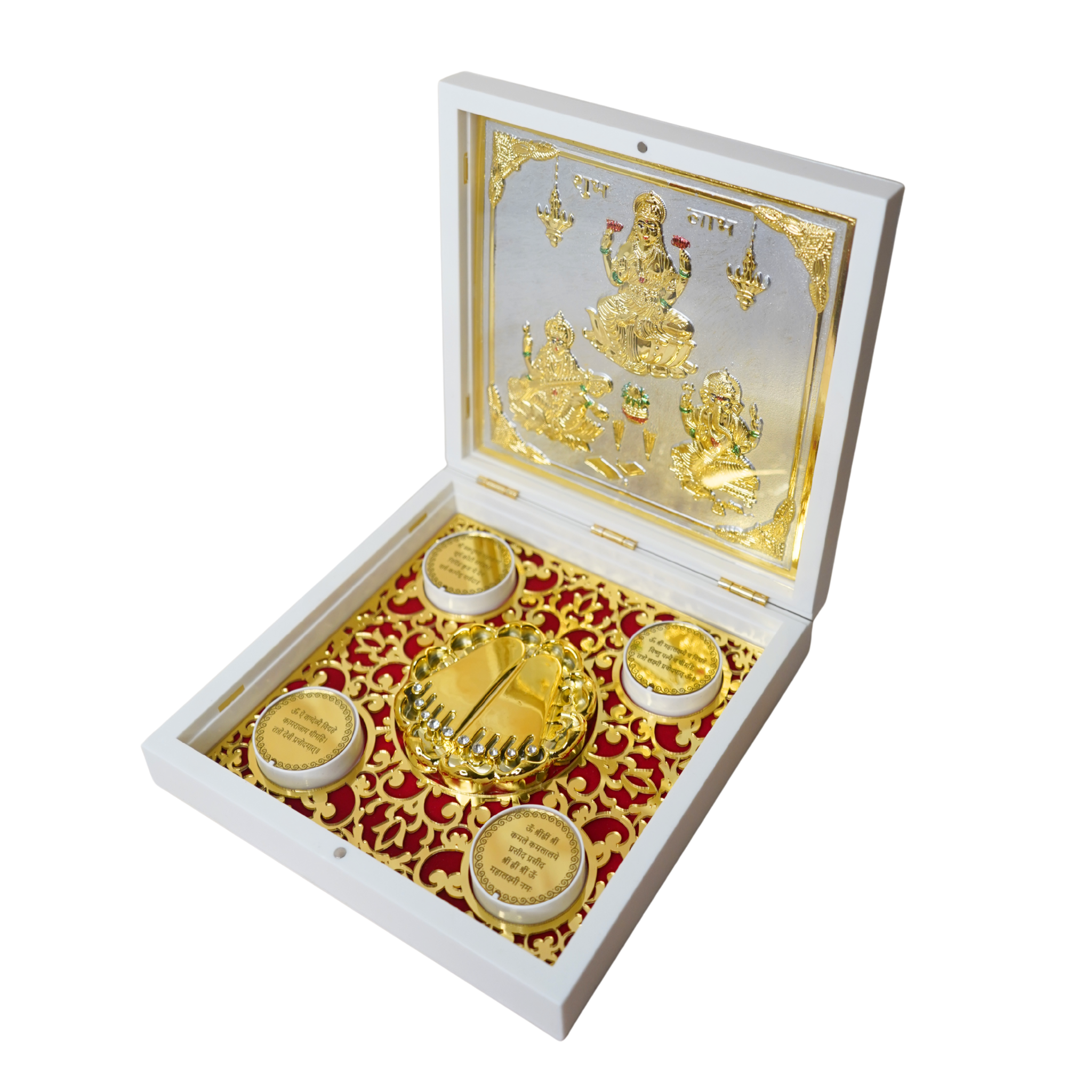 24KT Gold Plated Laxmi-Saraswati-Ganesh Idol with Charan Paduka for Puja and Gifting - Birthday, Anniversary, Diwali - 7 x 7 inches