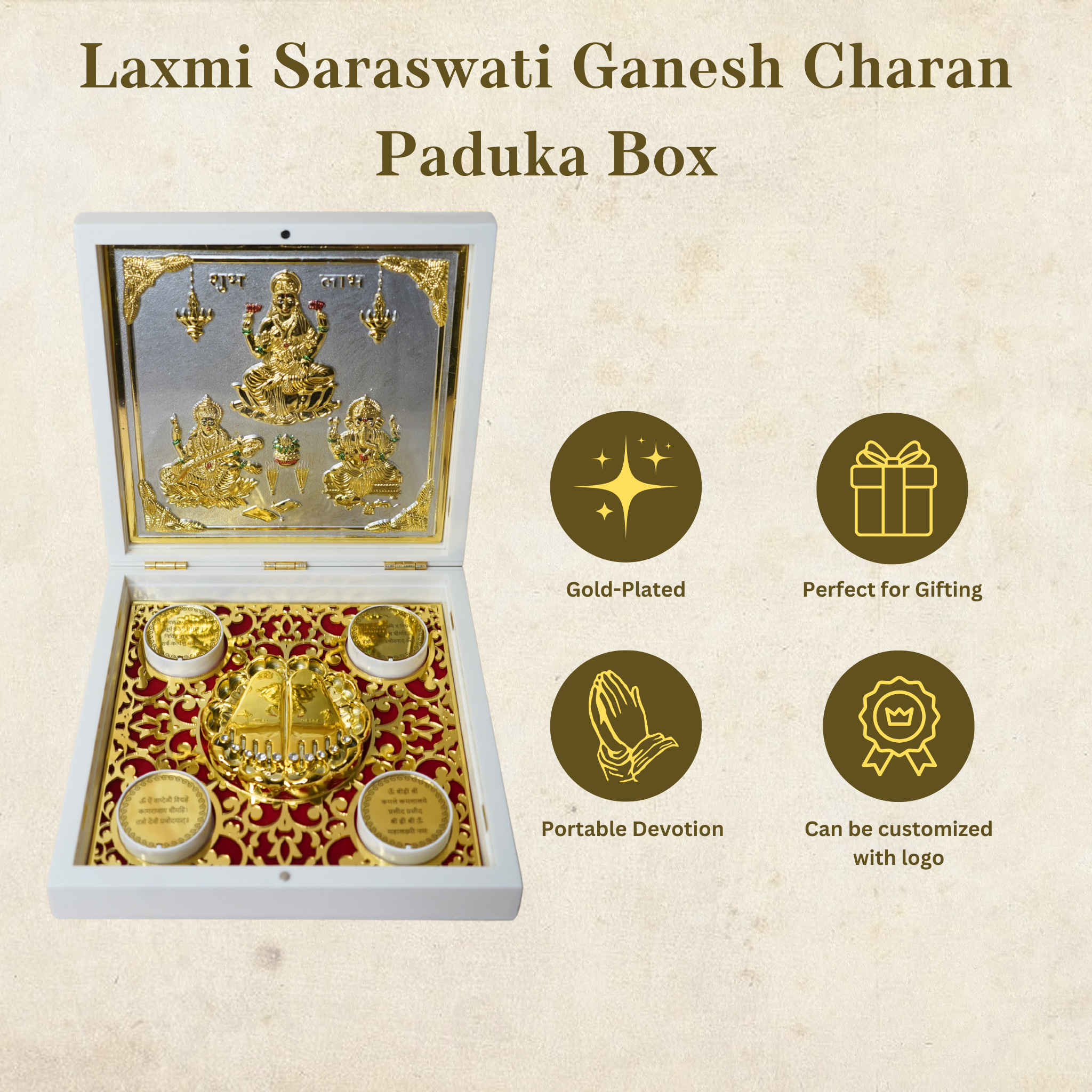 24KT Gold Plated Laxmi-Saraswati-Ganesh Idol with Charan Paduka for Puja and Gifting - Birthday, Anniversary, Diwali - 7 x 7 inches