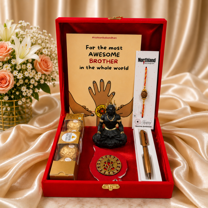 Shivji Rudraksha Rakhi Gift Hamper for Brother in Velvet Gift Box