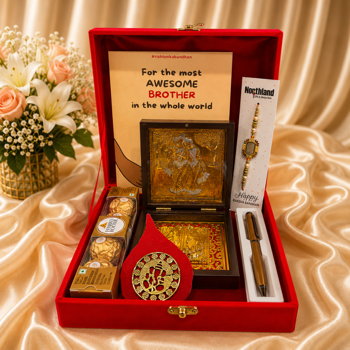 Radha Krishna Rakhi Gift Hamper for Brother in Velvet Gift Box