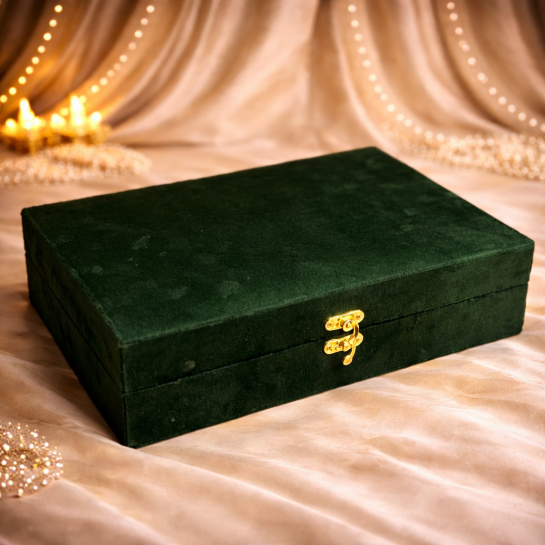 Luxury Bhagwat Geeta Silver-Plated Gift Hamper in Velvet Box with Wooden Bhagwat Geeta & 4 Silver-Plated Pooja Items