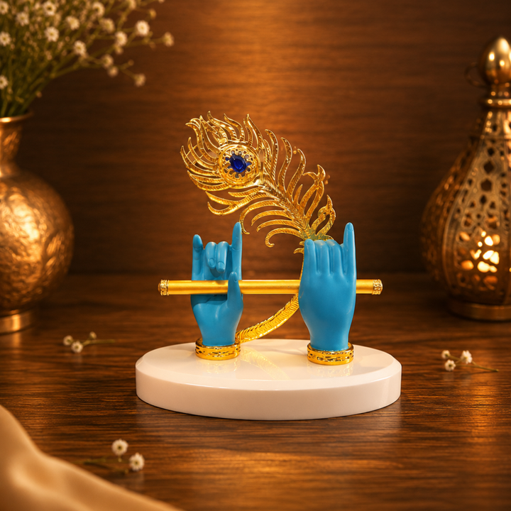 Krishna Murli Hands with Morpankh And stone base - Perfert For Car Dashboard, festival Gifitng , Diwali (Resin, Blue, Base- 4.5 inches, Height- 5 inches )
