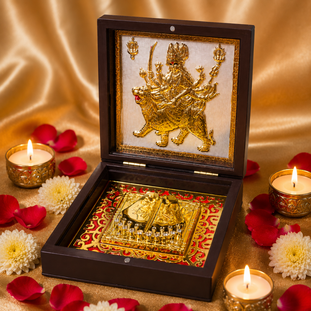 24KT Gold Plated Durga Maa Idol with Charan Paduka in Premium Pocket Temple