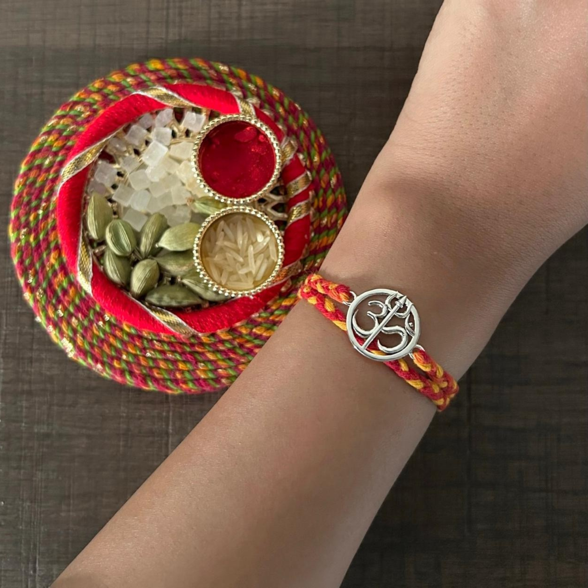 Om Trishul Silver Rakhi for Brother Bro Bhaiya Bhai 925 Sterling Silver Rakhi with Roli Chawal and Rakshabandhan Greeting Card