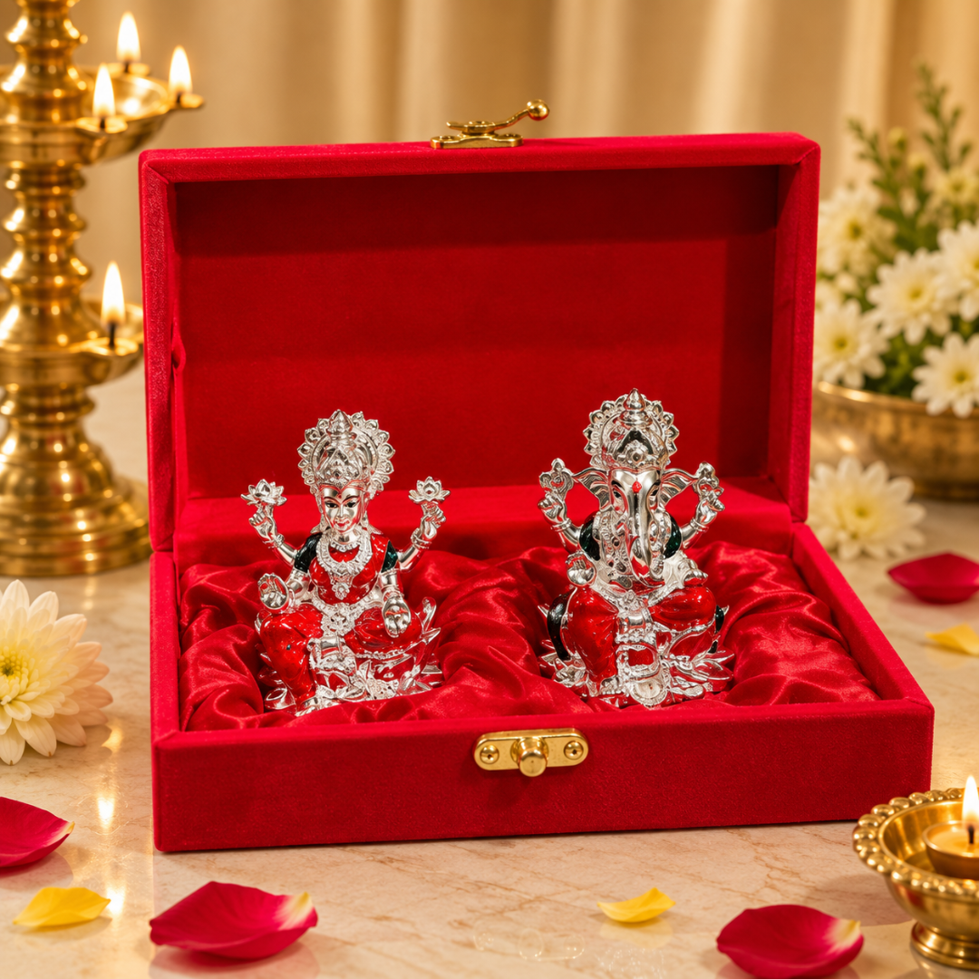 999 Silver Plated Lakshmi Ganesha Hamper (3 Inch) in Velvet Gift Box