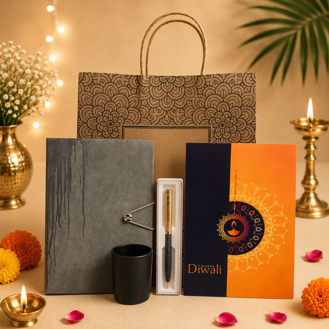 Diwali Gift Combo - Greeting Card, Scented Candle, Diary with Pen