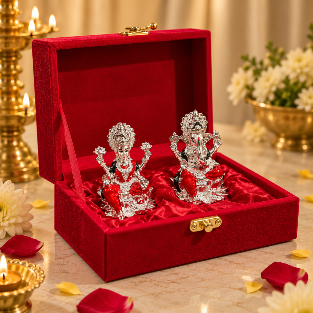 999 Silver Plated Lakshmi Ganesha Hamper (3 Inch) in Velvet Gift Box