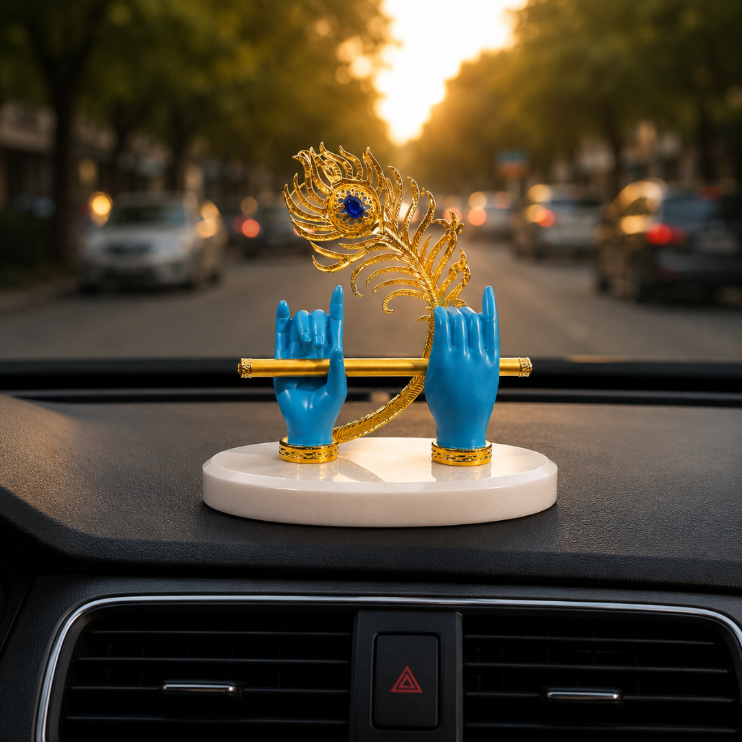 Krishna Murli Hands with Morpankh And stone base - Perfert For Car Dashboard, festival Gifitng , Diwali (Resin, Blue, Base- 4.5 inches, Height- 5 inches )