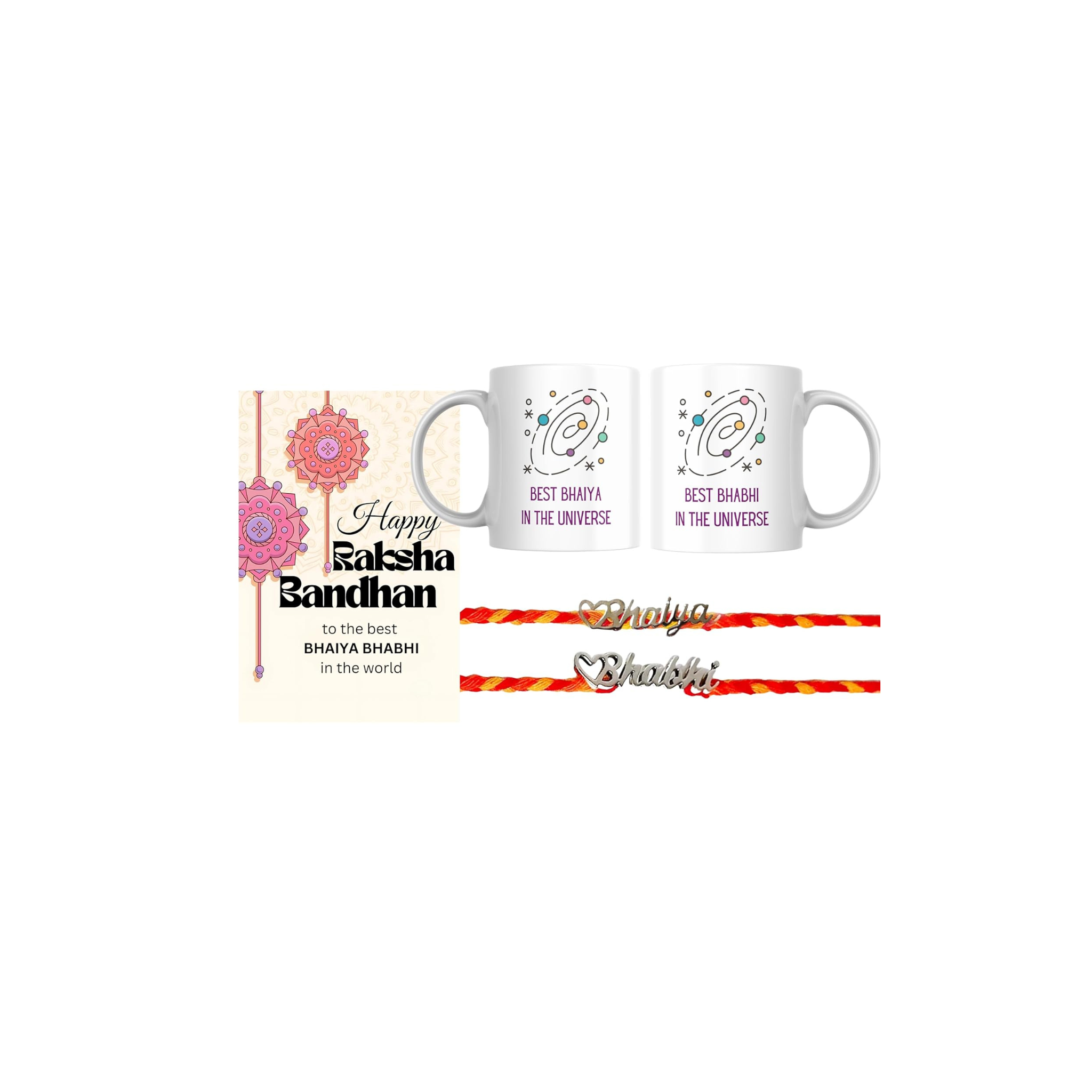 Bhaiya Bhabhi Silver Rakhi with Coffee Mug & Raksha Bandhan Greeting Card Combo