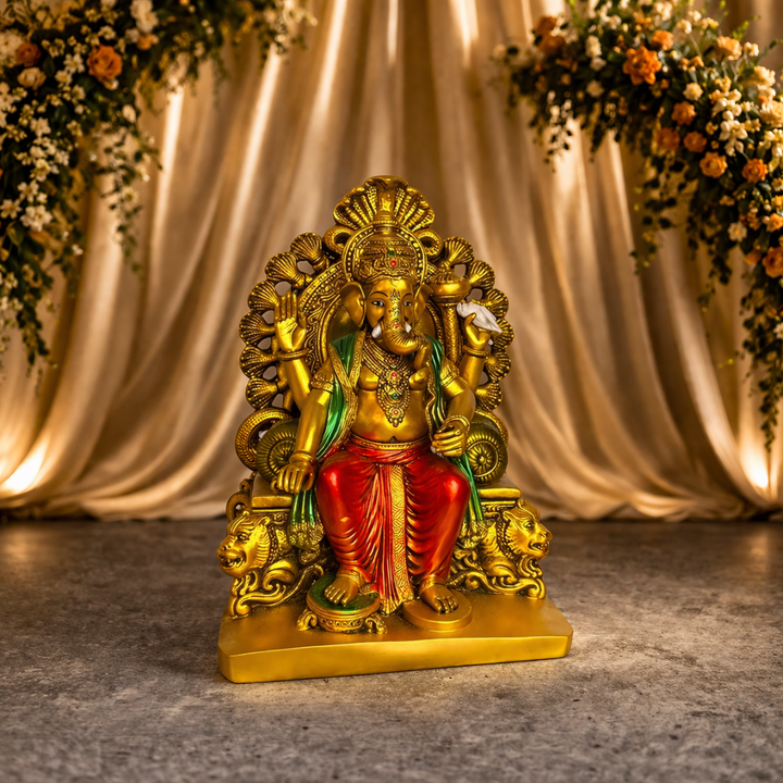 Big Brass Look Lal Bagh Ganesha Idol for Home Décor & Mandir – 15 Inch Large (Resin)