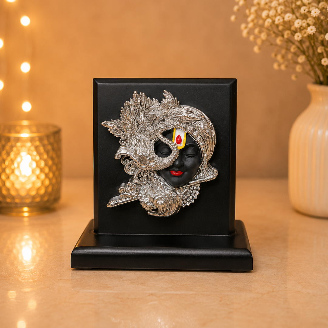 999 Silver Plated Krishna Idol Aesthetic Design with MDF Base in Gift Box ( 4 x 4 Inches)
