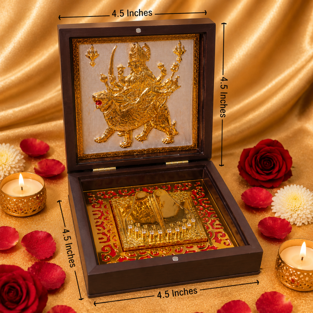 24KT Gold Plated Durga Maa Idol with Charan Paduka in Premium Pocket Temple