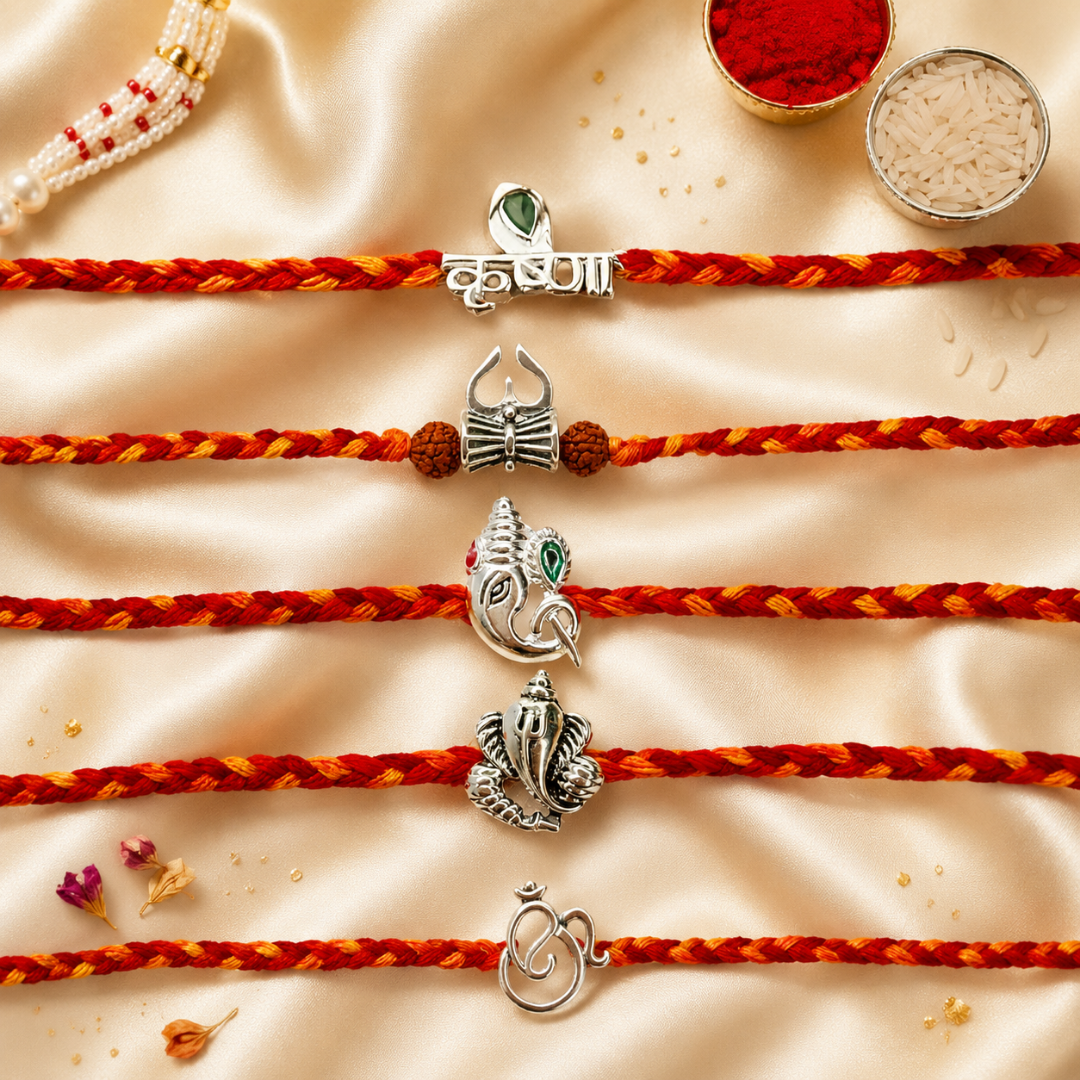 Silver Rakhi Combo for Brothers/Bhai/Bro/Bhaiya - Om, Krishna, Ganesha, Shiv Trishul Silver Rakhi Set of 5