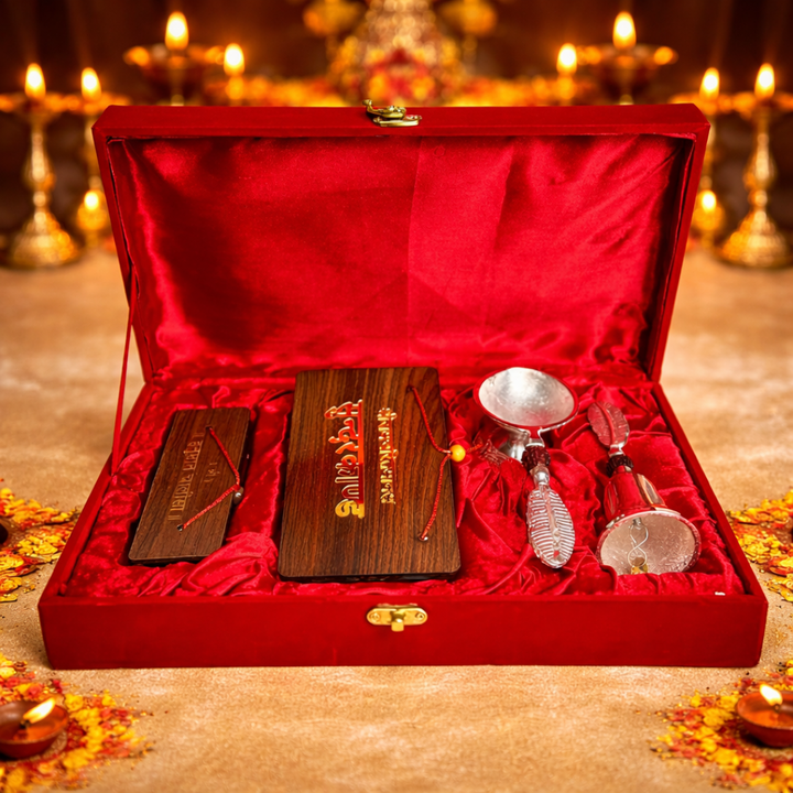 Luxury Wooden Sundarkand & Hanuman Chalisa Gift Hamper in Velvet Box with Silver Plated Diya and Bell
