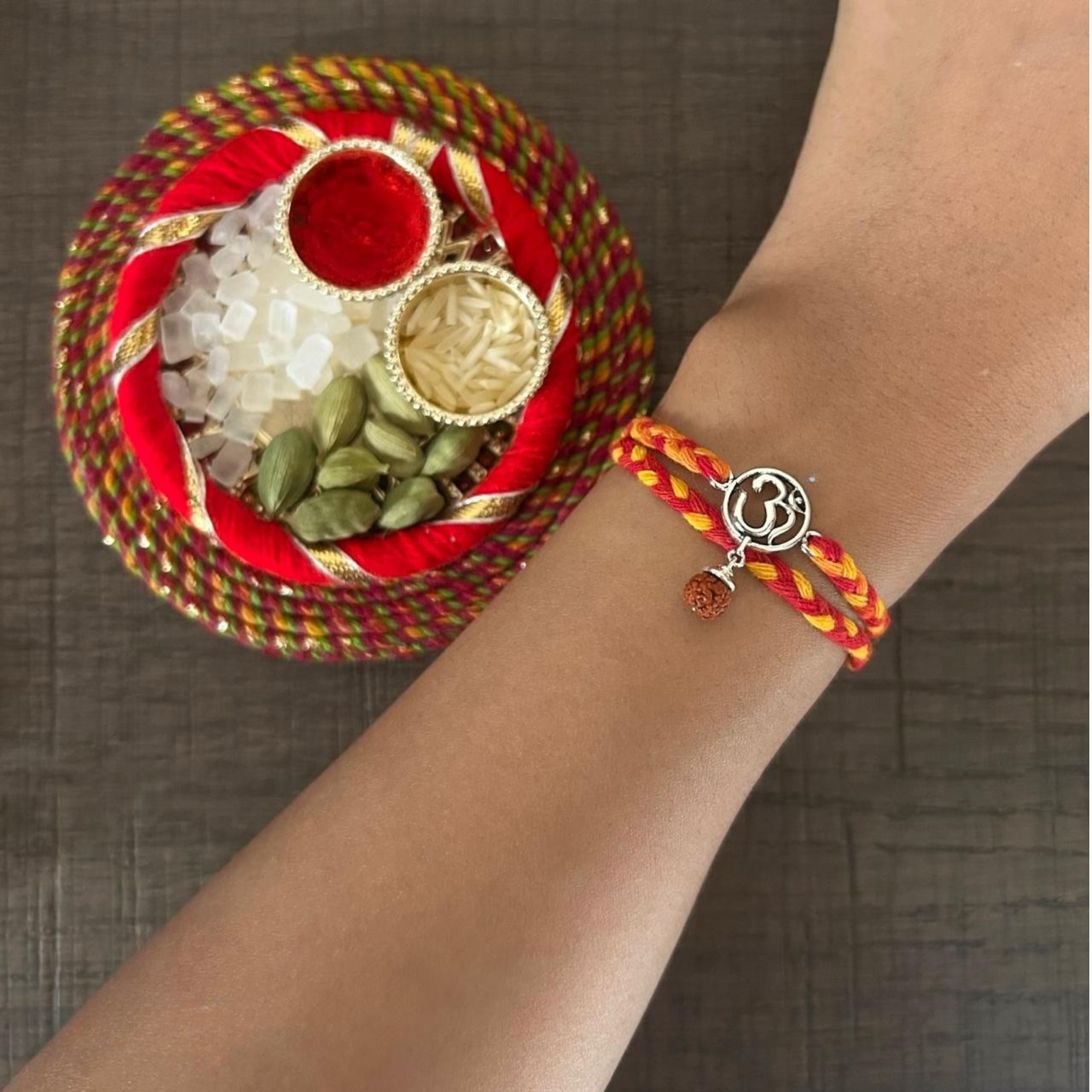 Om Rudraksh Silver Rakhi for Brother with Roli Chawal and Greeting Card For Brother Bro Bhaiya Bhai Rakhi Gift Combo