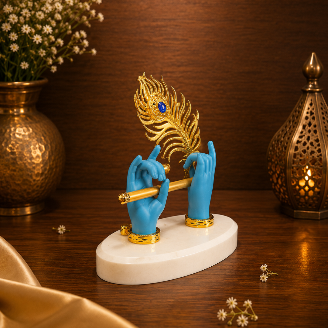 Krishna Murli Hands with Morpankh And stone base - Perfert For Car Dashboard, festival Gifitng , Diwali (Resin, Blue, Base- 4.5 inches, Height- 5 inches )