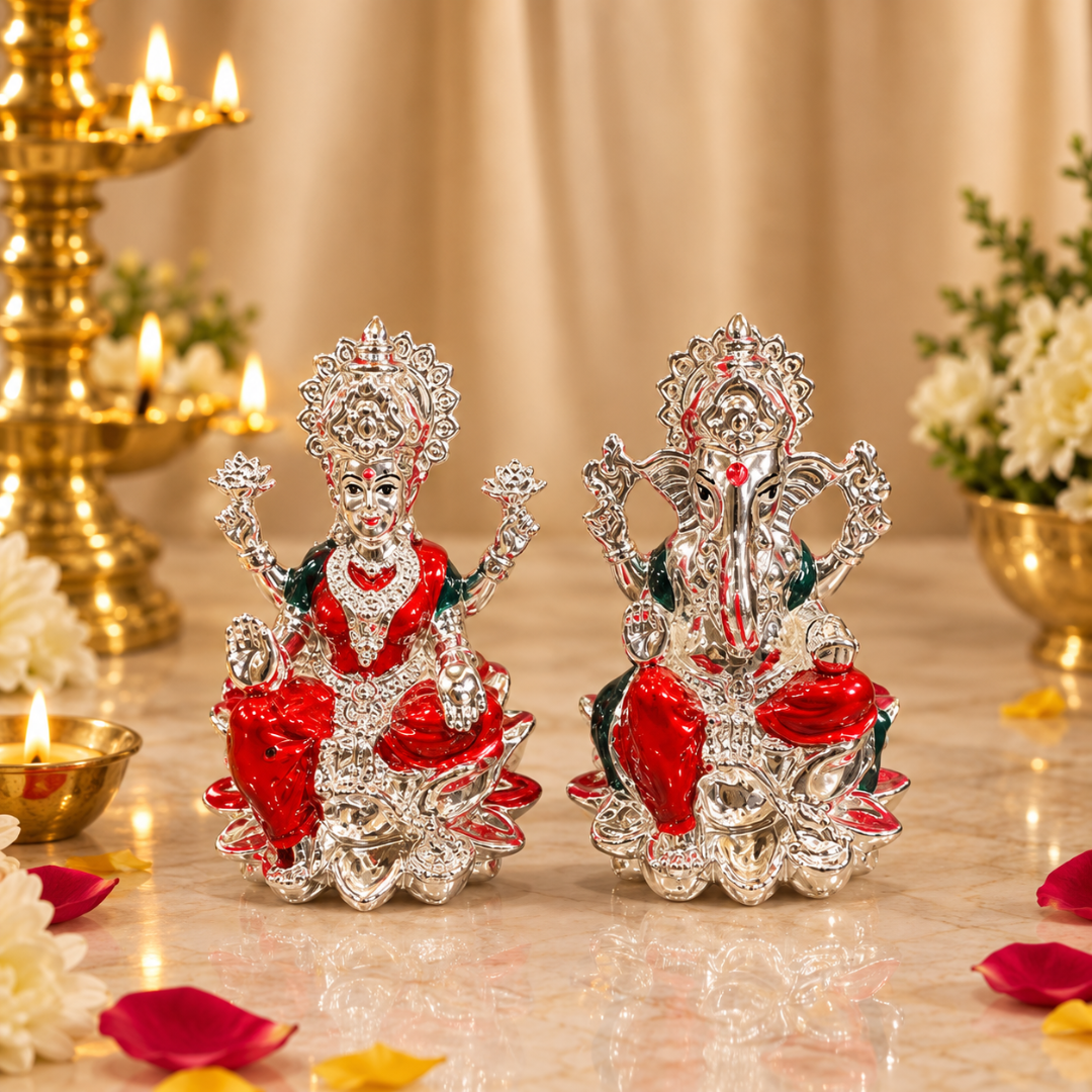 999 Silver Plated Lakshmi Ganesha Hamper (3 Inch) in Velvet Gift Box