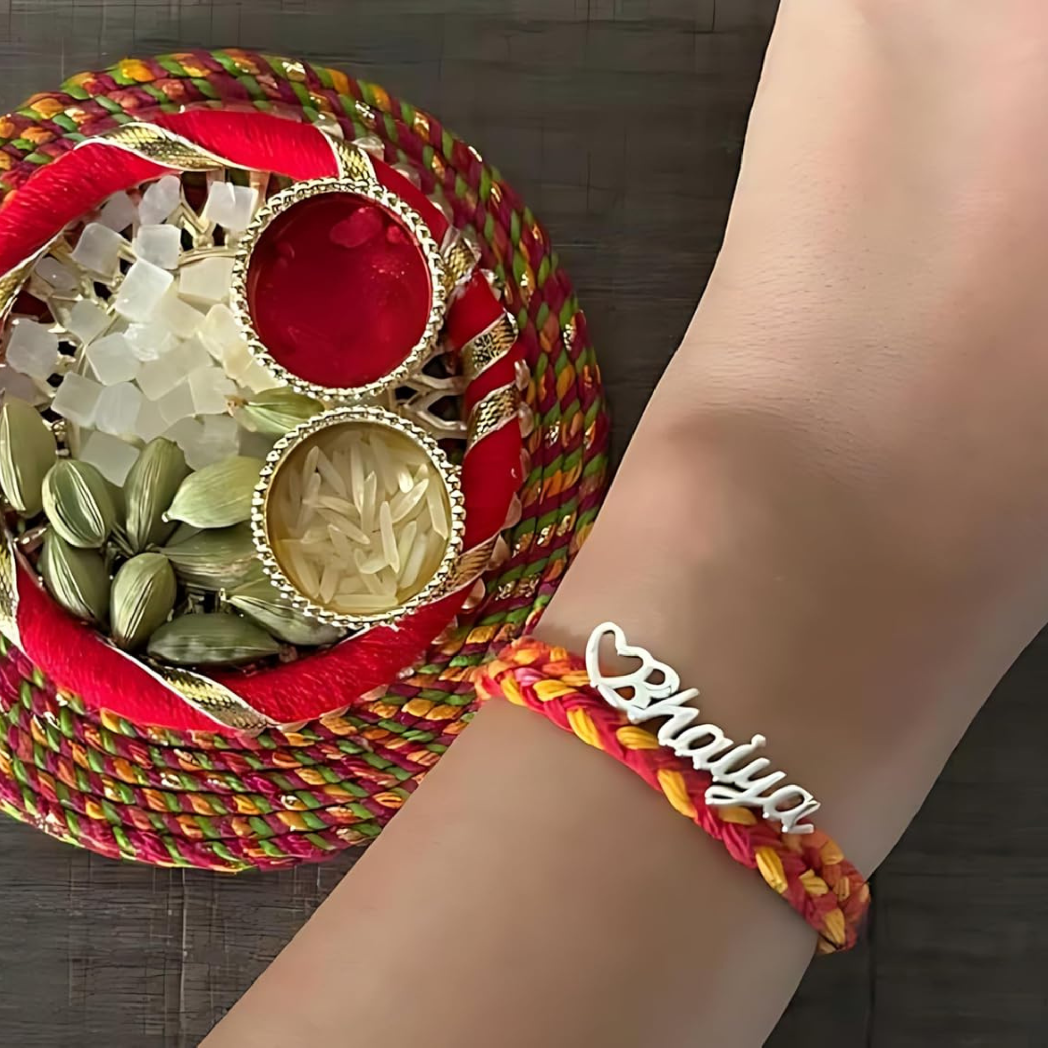 Bhaiya Bhabhi Silver Rakhi with Coffee Mug & Raksha Bandhan Greeting Card Combo