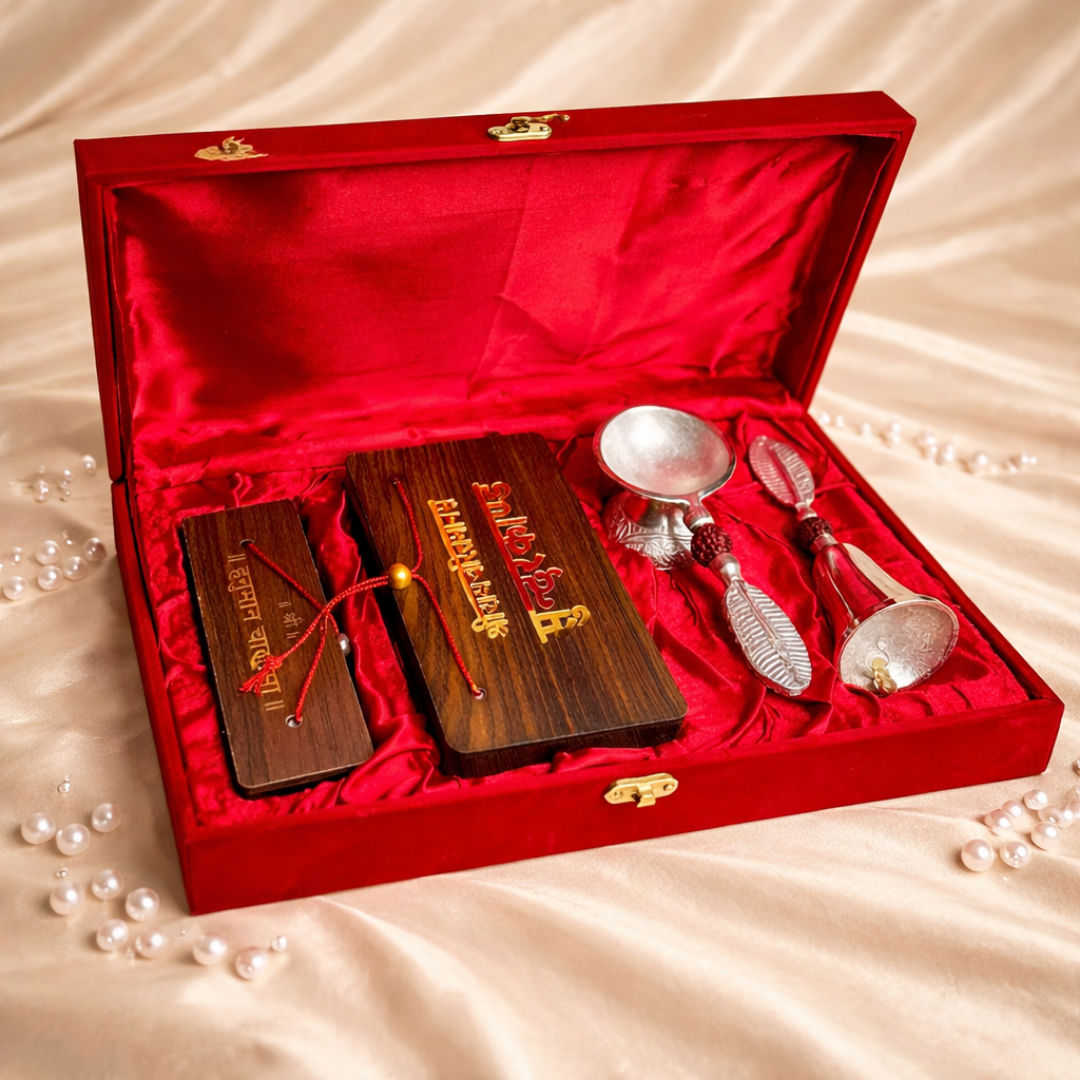 Luxury Wooden Sundarkand & Hanuman Chalisa Gift Hamper in Velvet Box with Silver Plated Diya and Bell