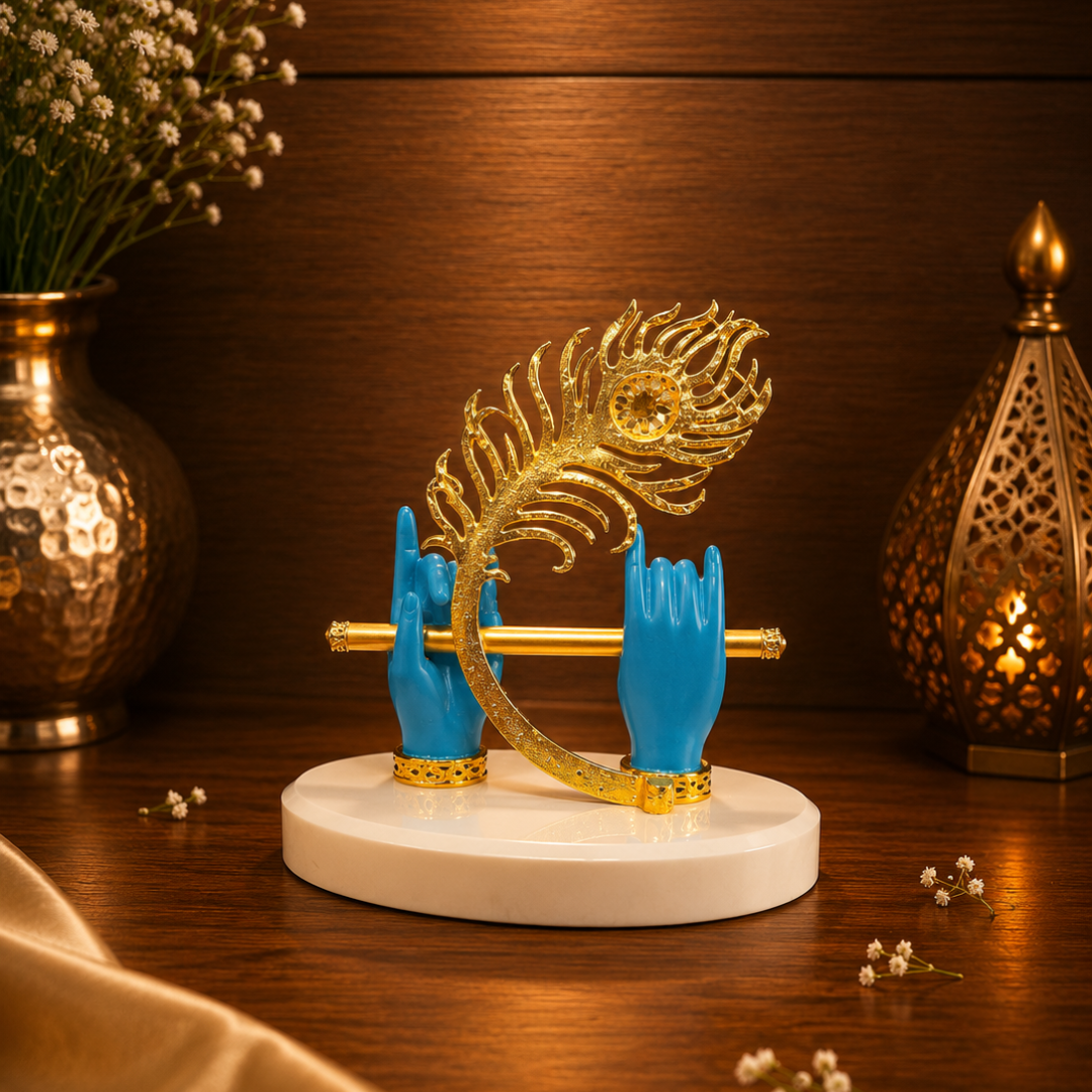 Krishna Murli Hands with Morpankh And stone base - Perfert For Car Dashboard, festival Gifitng , Diwali (Resin, Blue, Base- 4.5 inches, Height- 5 inches )