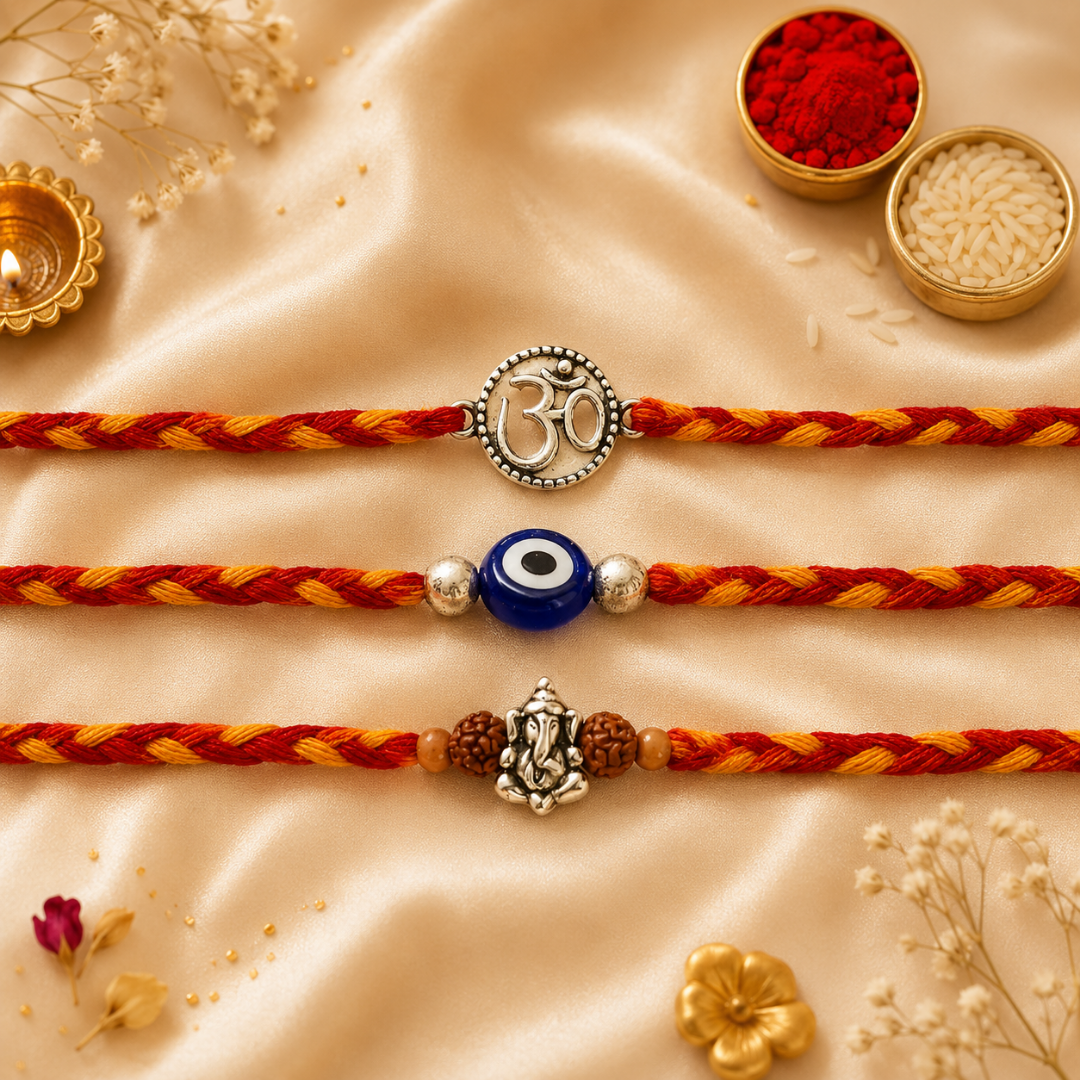 Silver Rakhi Combo for Brothers/Bhai/Bro/Bhaiya - Om, Evil Eye, Ganesha Silver Rakhi Set of 3 for Brother