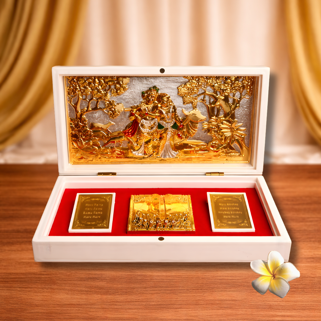 24 Karat Gold Coated Radha Krishna Idol in Charan Paduka Box with Chandan Fragrance
