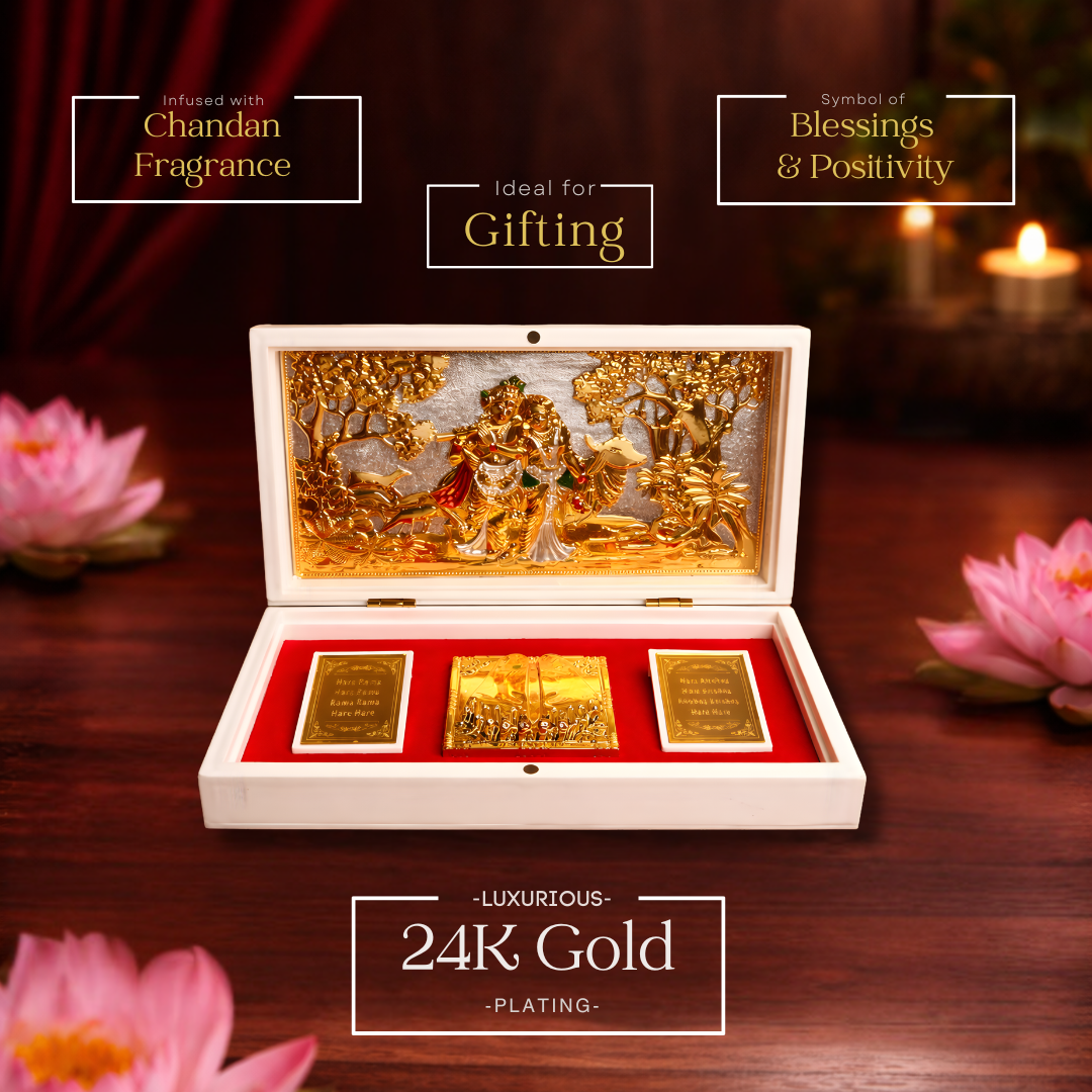 24 Karat Gold Coated Radha Krishna Idol in Charan Paduka Box with Chandan Fragrance