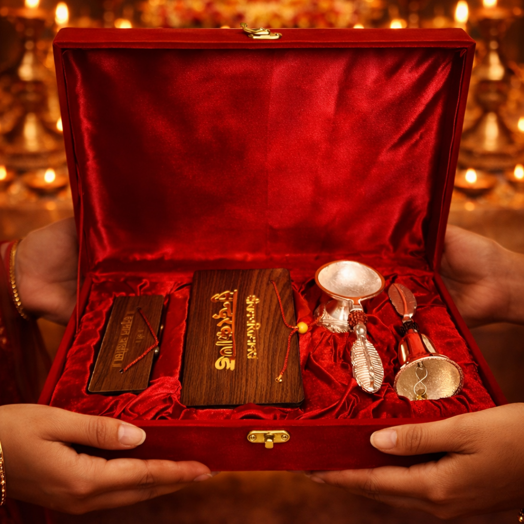 Luxury Wooden Sundarkand & Hanuman Chalisa Gift Hamper in Velvet Box with Silver Plated Diya and Bell