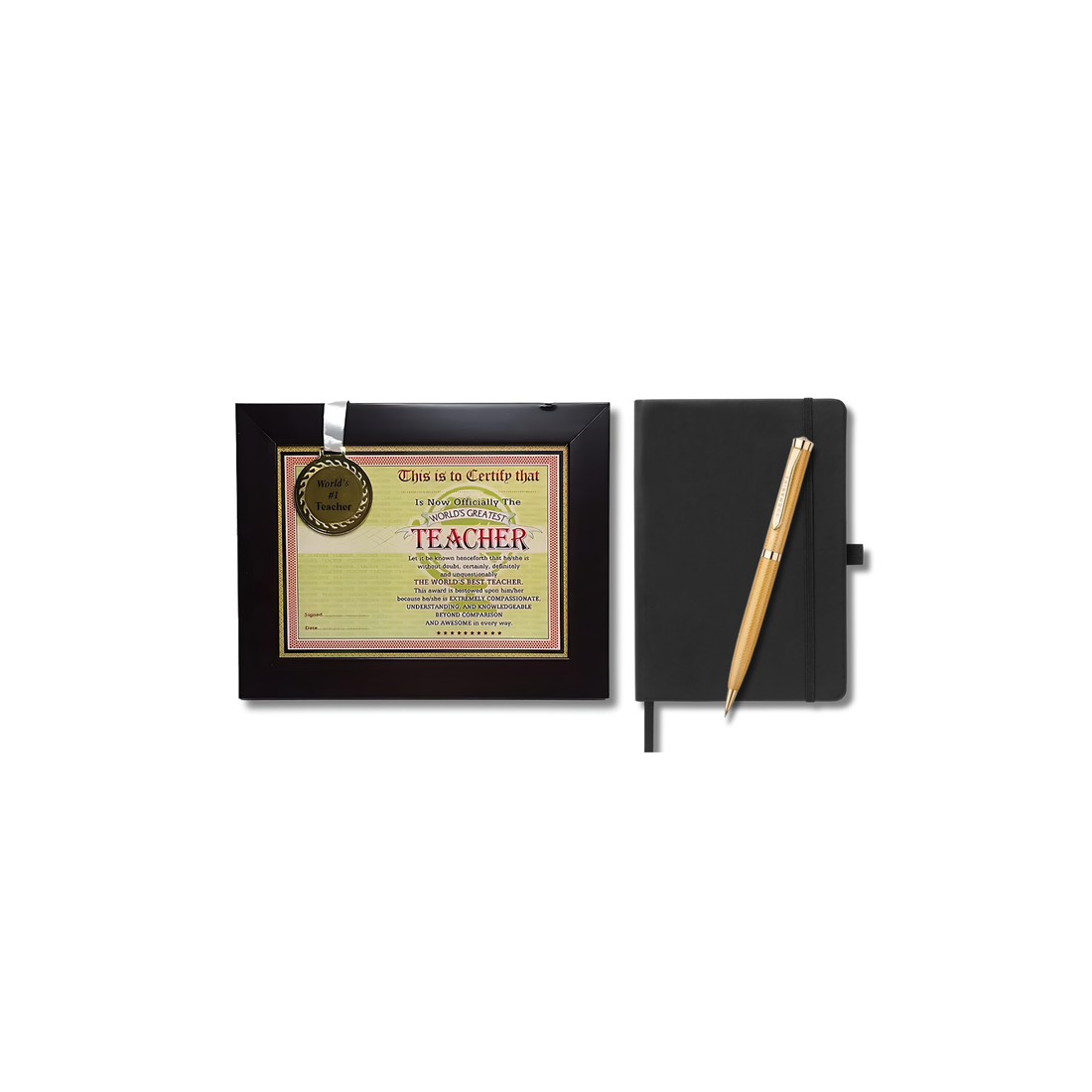 Best Teacher Gift Combo with Best Teacher in world Medal & Framed Certificate, Diary & Pen