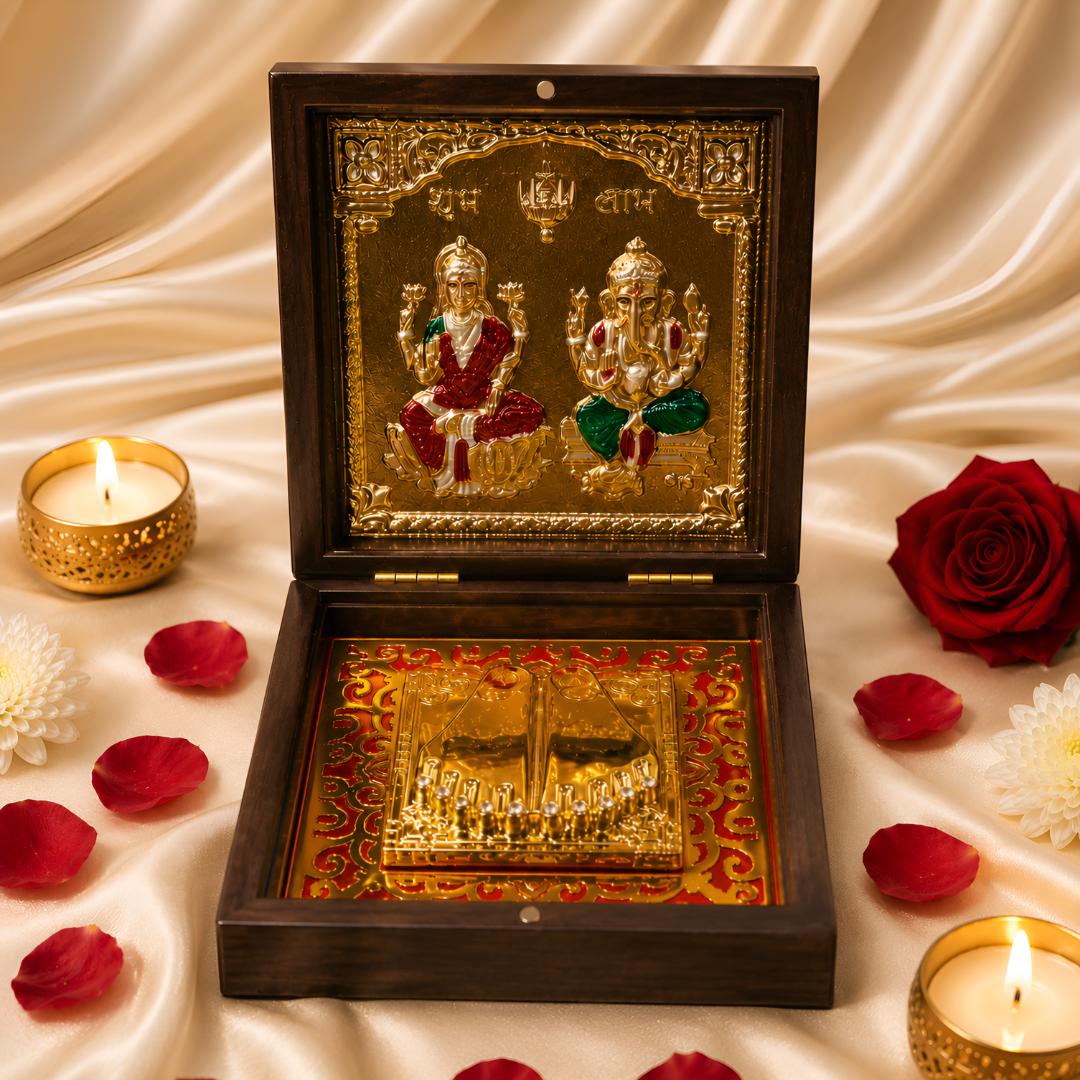24KT Gold Plated Lakshmi Ganesha Idol with Charan Paduka in Pocket Temple