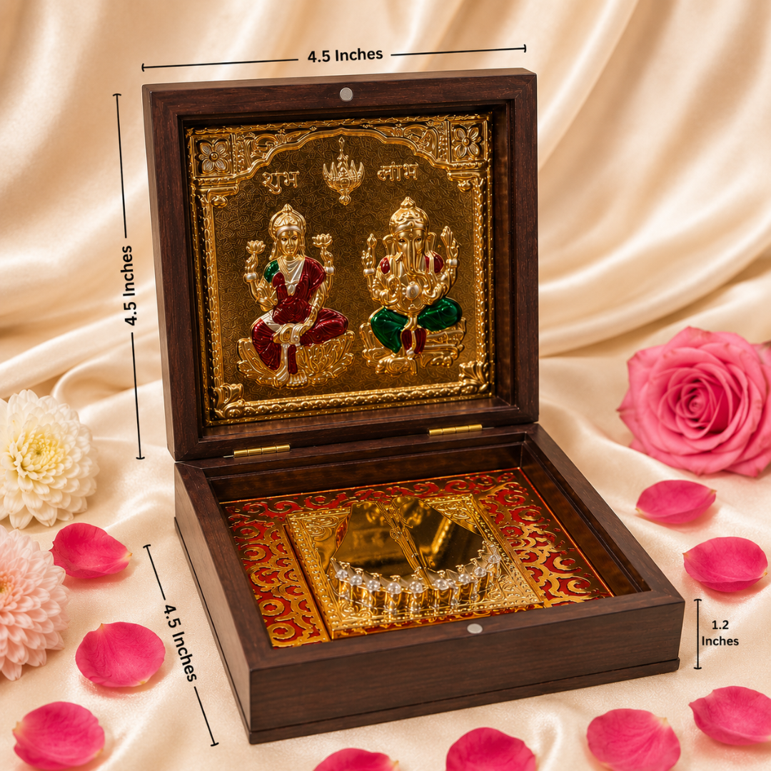 24KT Gold Plated Lakshmi Ganesha Idol with Charan Paduka in Pocket Temple